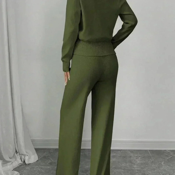 Green Elegant Women's Loose Long Sleeve Crew Neck  Knit Sweater & Suit Pants Set - Picture 2 of 8